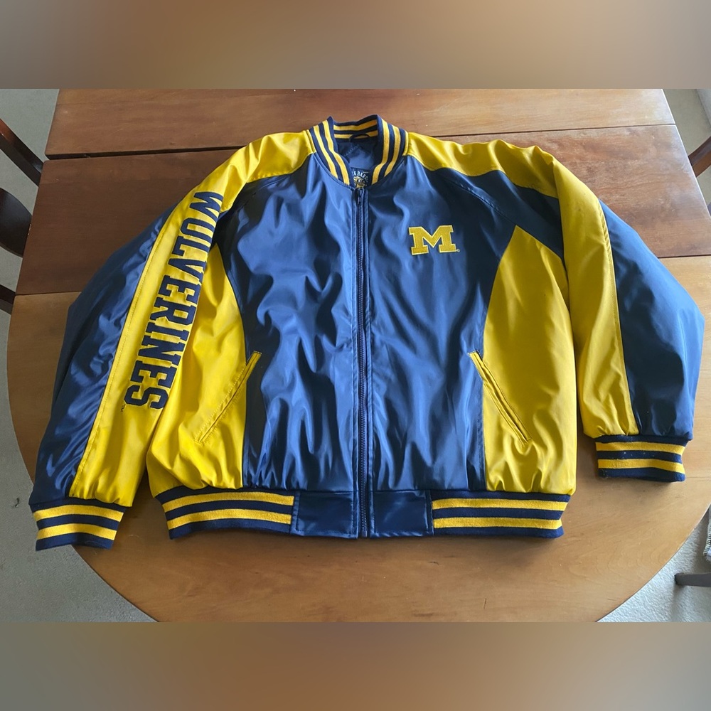 VTG Michigan Wolverines Spellout Varsity Letterman Bomber Jacket Maize Blue XL
